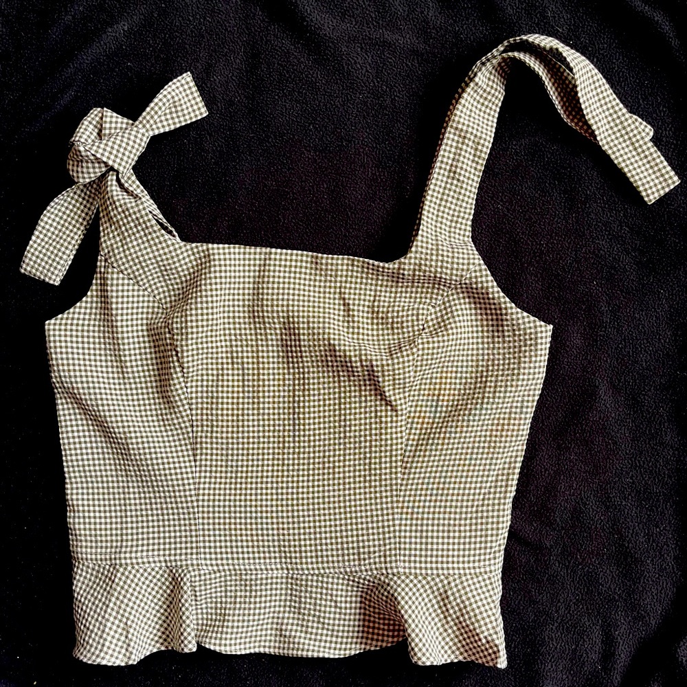 Gingham Ruffled Shoulder Tie Cami Top Size Medium